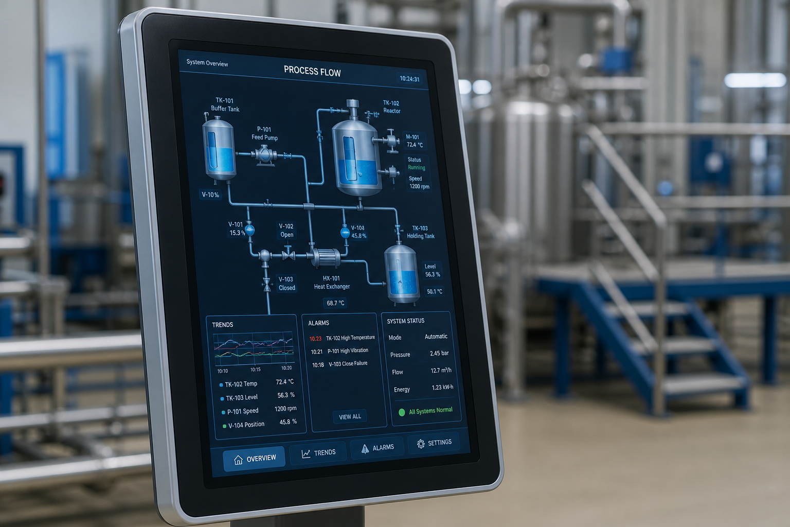 Industrial HMI control panel displaying process diagrams